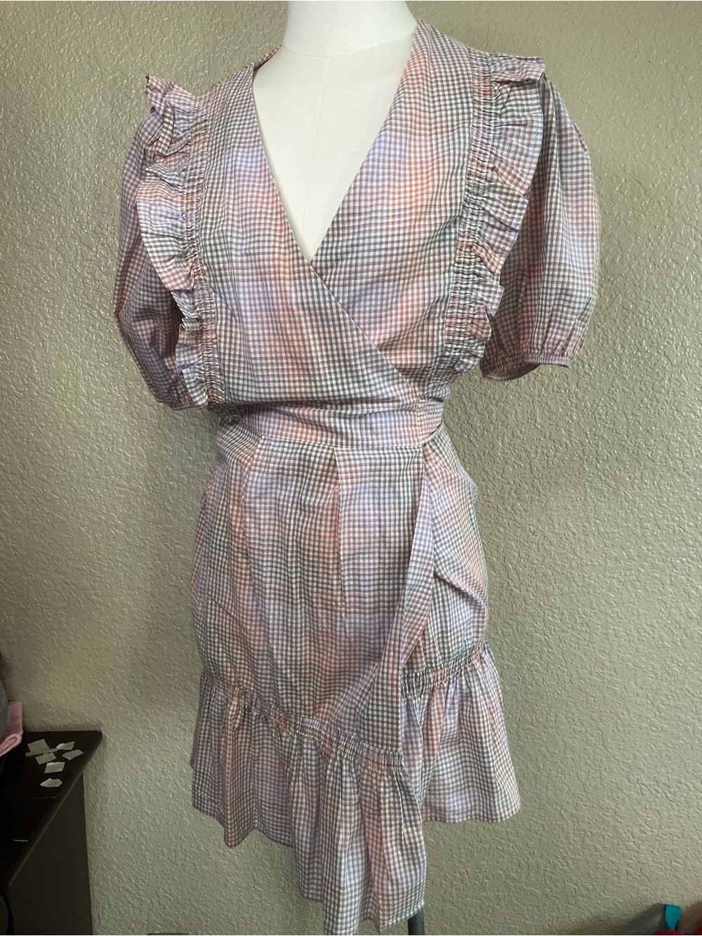 Storia Pastel Pink & Light Blue Gingham Wrap Ruffle Mini Dress - Picture 2 of 6